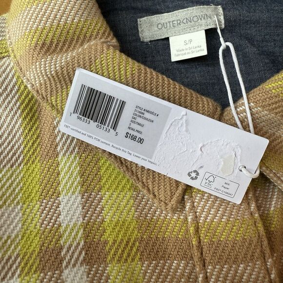 OUTERKNOWN Blanket Shirt Small Flannel Plaid Beige Yellow Tunic Dress NEW $168 - Picture 7 of 8